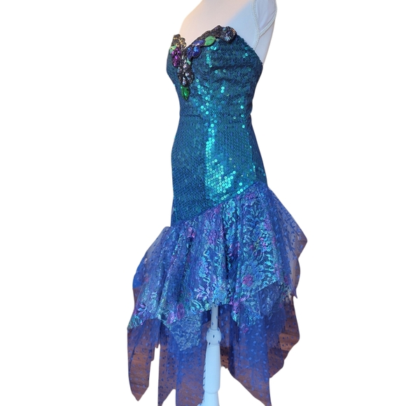 Vintage 80s Loralie Original Green Blue Teal Sequin Mesh Strapless Mermaid Dress - Picture 5 of 10